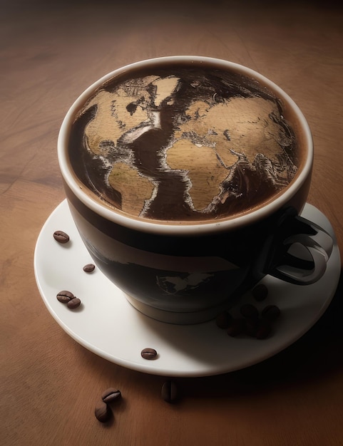 Foto día internacional del café mapa del mundo en una taza de café