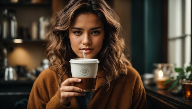 Día internacional del café Mujer joven con una taza de café fragante