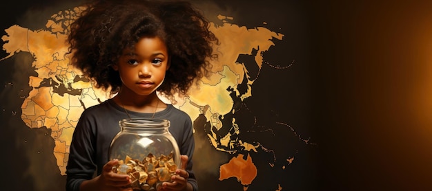 Dia Internacional da Caridade conceito menina afro-americana segurando frasco de doação de caridade