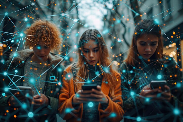 Foto dia internacional da internet, um mundo conectado conectando pessoas, dispositivos eletrônicos globalmente através de uma rede armazenamento em nuvem, conectividade perfeita entre computadores, tablets, laptops, telefones