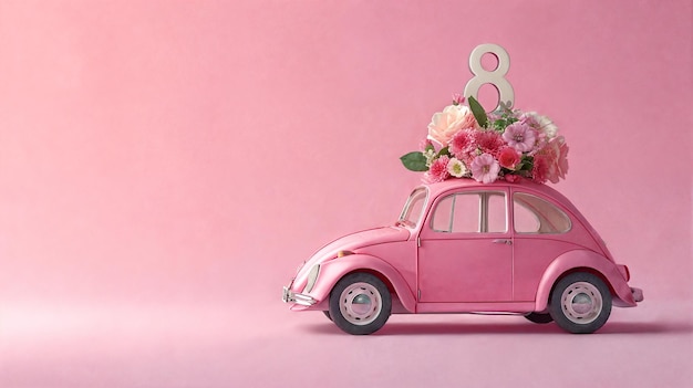 Dia Internacional da Mulher Banner flyer cartão postal carro retro rosa com flores e número 8 no telhado em um fundo rosa espaço vazio AI Generative