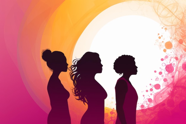 Foto dia internacional da mulher com as silhuetas de três mulheres diversas em linhas elegantes de perfil