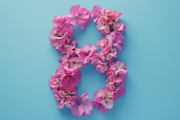 Dia Internacional da Mulher Número 8 feito de belas flores em fundo ciano pálido vista superior