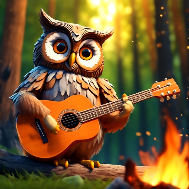 Dia Internacional da Música uma coruja toca violão e canta perto de uma fogueira no meio do verão