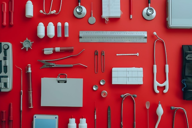 Foto dia internacional da saúde com ferramentas médicas isoladas em fundo vermelho