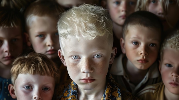 Dia Internacional de Conscientização sobre o Albinismo um menino albino entre as crianças uma característica genética de aparência não como todos os outros