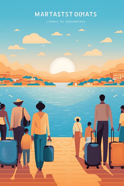 Dia Internacional do Migrante com Famílias Chegando com Suitc Palco de cartazes internacionais coloridos