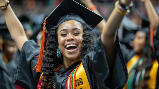 Dia Internacional dos Estudantes retrato mundial de uma feliz estudante afro-americana em uma celebração de formatura de boné acadêmico grande sorriso