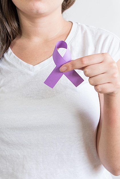 Día Internacional para la Eliminación de la Violencia contra la Mujer mano con símbolo de cinta violeta