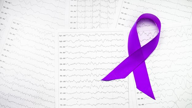 Día Internacional de la Epilepsia Concienciación sobre la epilepsia cinta púrpura en las ondas cerebrales en el electroencefalograma