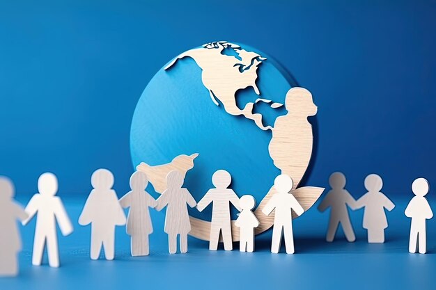 Foto día internacional de la familia personas de papel de todo el mundo sobre un fondo azul el concepto de unidad global ia generativa
