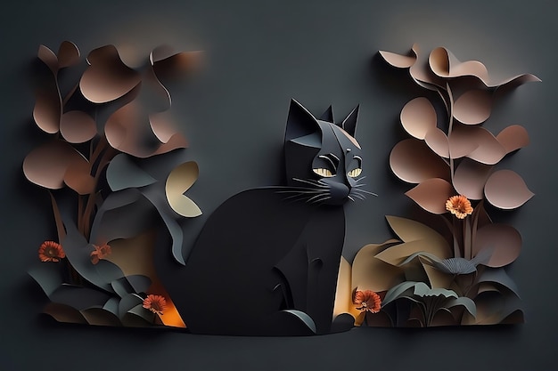 dia internacional del gato arte de papel un gato fondo oscuro estilo de arte de papel ai generado