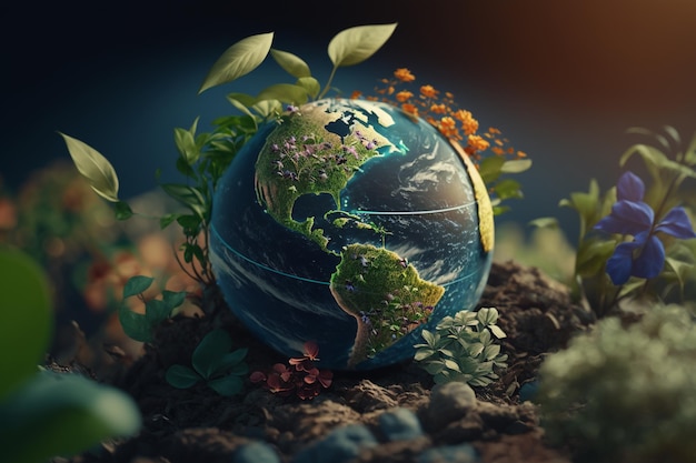 Día Internacional de la Madre Tierra de corte de papel verde mapa mundial concepto del día de la tierra formas ecológicas de la Tierra con árboles agua y sombra Salvar el concepto de la tierra Feliz Día de la Tierra 22 de abril ilustración 3d de alta calidad