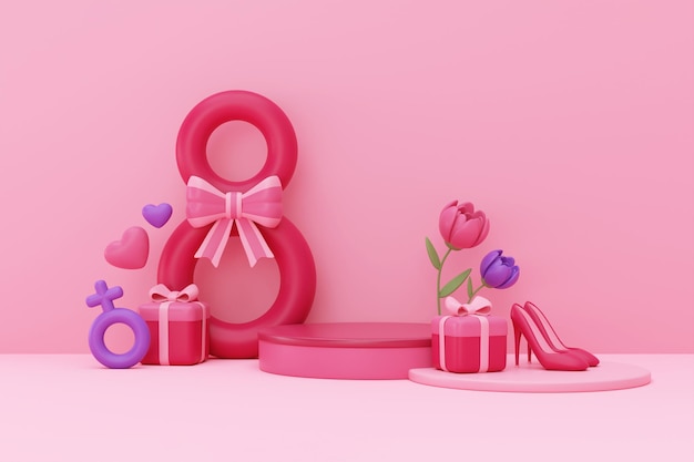 Día Internacional de la Mujer 8 de marzo Exhibición de podio con caja de regalo de signo femenino corazones y flores sobre fondo rosa Representación 3d del Día de la Madre