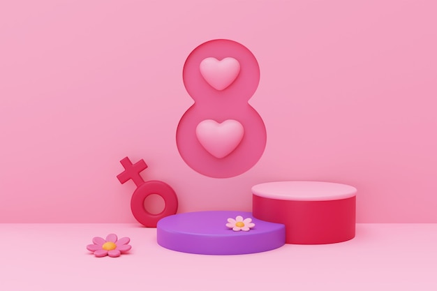 Día Internacional de la Mujer 8 de marzo Número 8 con signo femenino corazones y flores sobre fondo rosa Representación 3d del Día de la Madre