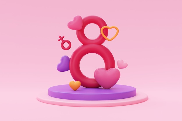 Día Internacional de la Mujer 8 de marzo Número 8 con signo femenino corazones y flores sobre fondo rosa Representación 3d del Día de la Madre