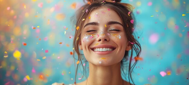 Foto día internacional de la mujer mujer extremadamente feliz en un vestido brillante