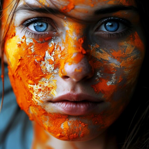 Día Internacional de la Mujer una mujer con pintura naranja en la cara