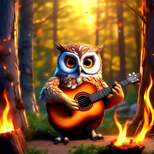 Día Internacional de la Música un búho toca una guitarra y canta junto a una hoguera cercana en medio de un verano