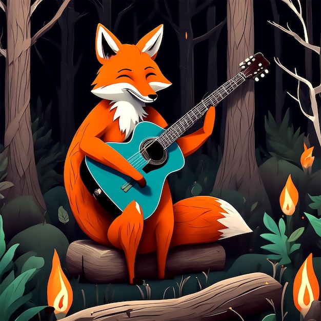 Día Internacional de la Música, un zorro toca la guitarra y canta junto a una hoguera cercana en medio de un verano
