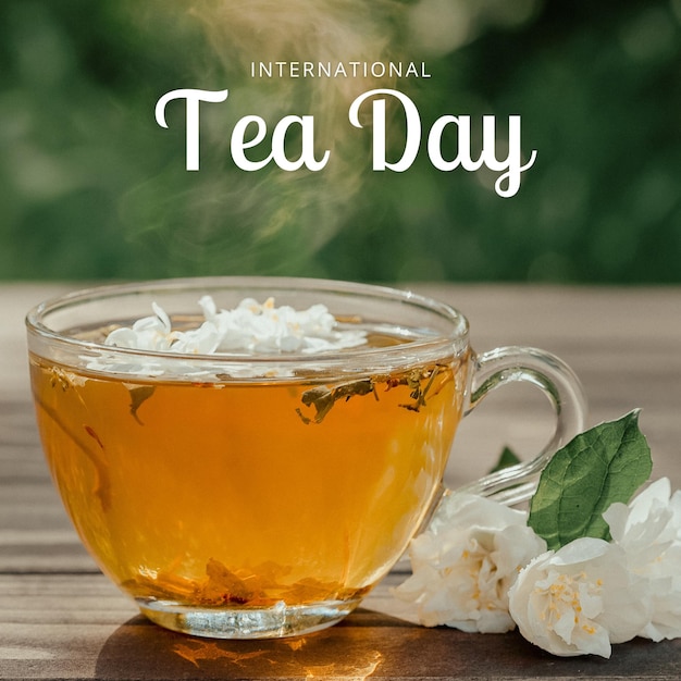 Foto día internacional del té en taza blanca póster