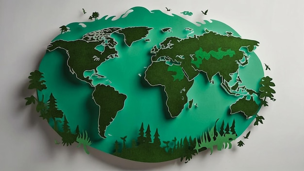 El Día Internacional de la Tierra 3d ilustración pancarta de papel verde corte mapa del mundo