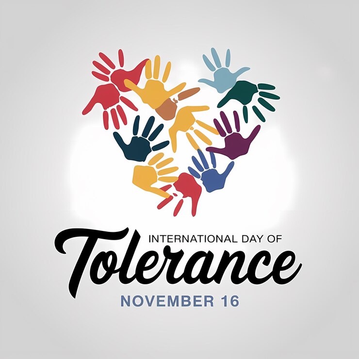 Día Internacional de la Tolerancia con huellas de manos coloridas que forman un corazón
