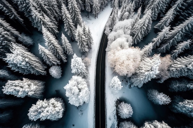 Un día de invierno, perspectiva aérea de una carretera boscosa cubierta de nieve.