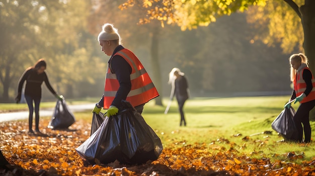 Foto un día de limpieza comunitaria con voluntarios recogiendo basura en un parque local