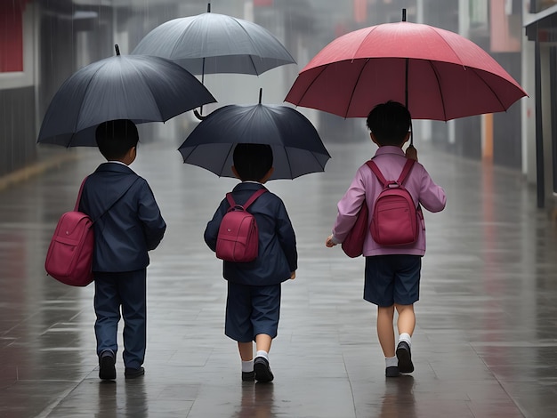 Día de lluvia yendo a la escuela