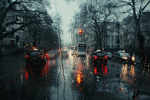un día lluvioso con un autobús y un coche conduciendo por la calle
