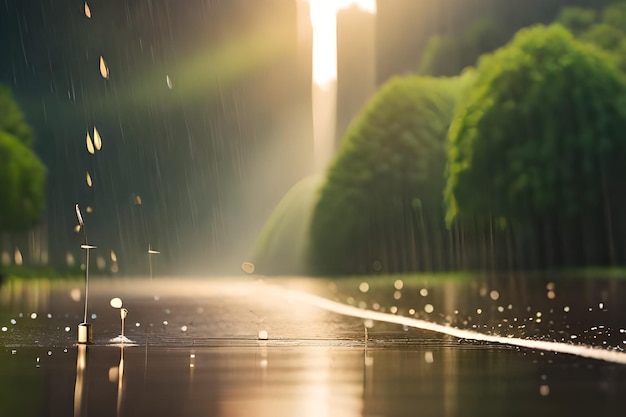 un día lluvioso con una carretera y árboles al fondo