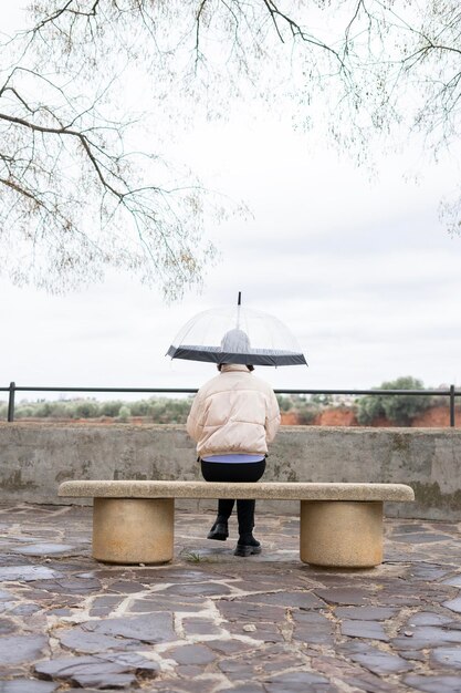 día lluvioso Chica con un paraguas transparente sentado en un banco bajo la lluvia