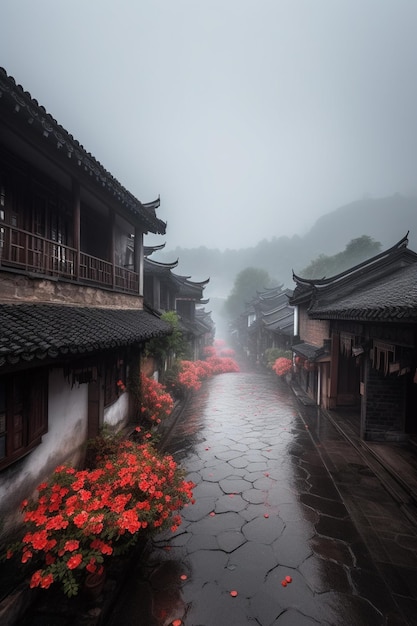 Un día lluvioso en china con flores rojas.