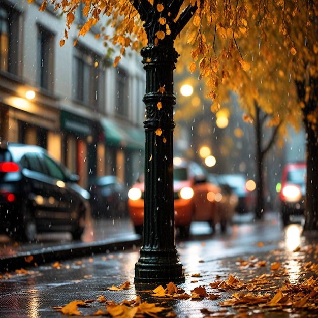 un día lluvioso en la ciudad con las luces de la calle encendidas