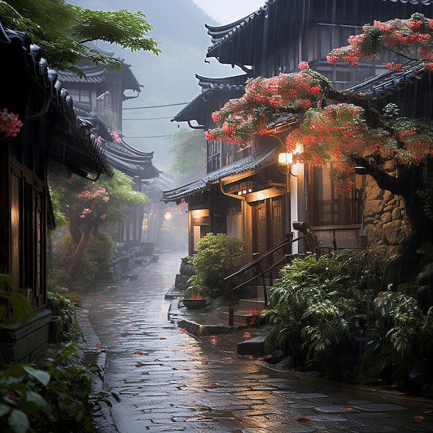 un día lluvioso en un jardín chino con una linterna y un árbol en el fondo