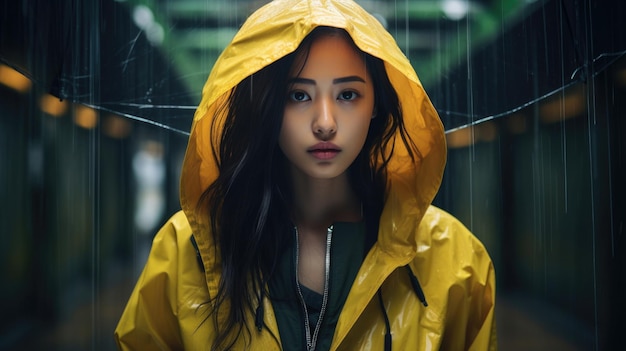 Día lluvioso mujer asiática vistiendo un impermeable al aire libre