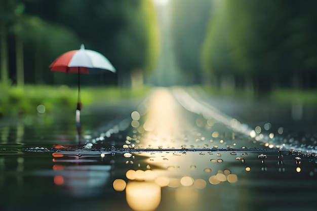 Un día lluvioso con un paraguas rojo y blanco bajo la lluvia.