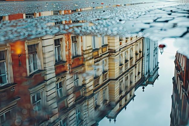 Foto día lluvioso reflexión del edificio en el charco en la calle de la ciudad durante la lluvia