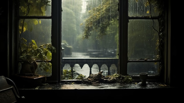 Un día lluvioso a través de una ventana