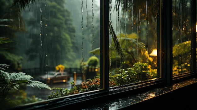 Un día lluvioso visto desde una ventana