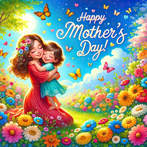 El día de la madre bendice un abrazo alegre en un jardín colorido
