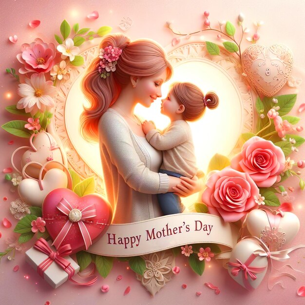 Día de la Madre Fondo con madre e hija con flor Feliz celebración del día de la madre