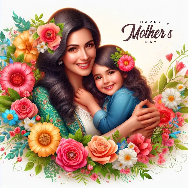 Día de la Madre Fondo con madre e hija con flor Feliz celebración del día de la madre