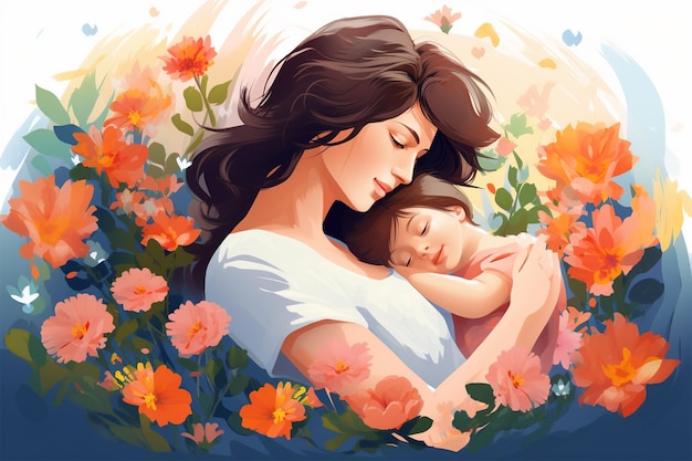 Día de la madre madre con bebé entre flores.