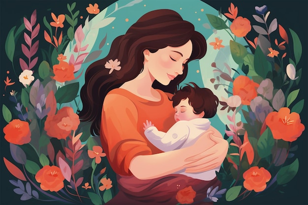 Día de la madre madre con bebé entre flores.