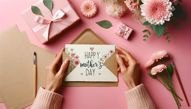 Día de la Madre Las manos de las mujeres sosteniendo una carta en un sobre de artesanía con el texto Feliz día de la madre Fondo rosa suave Flores de tulipán