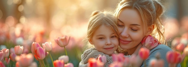 En el Día de la Madre un niño pequeño le da a una madre madura una caja de regalos llena de flores y la abraza