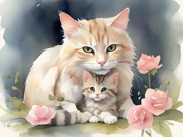Día de la Madre primer plano de gatito con linda madre gato generativo ai