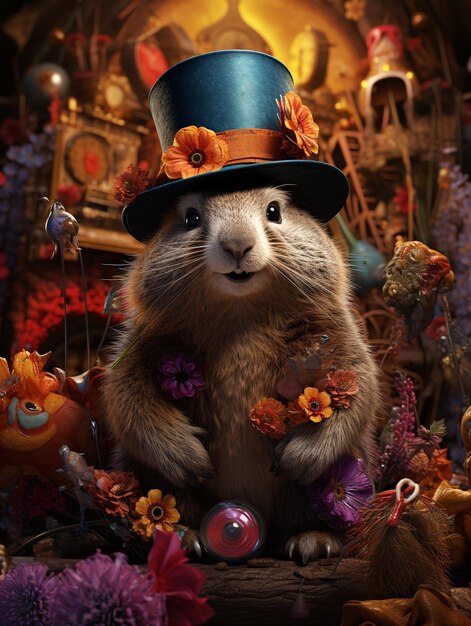 Día de la marmota 2 de febrero Punxsutawney Phil sombrero feliz y sonriente folclore superstición pronóstico del tiempo símbolo de la anticipación para el cambio de estaciones banner tarjeta de felicitación espacio de copia